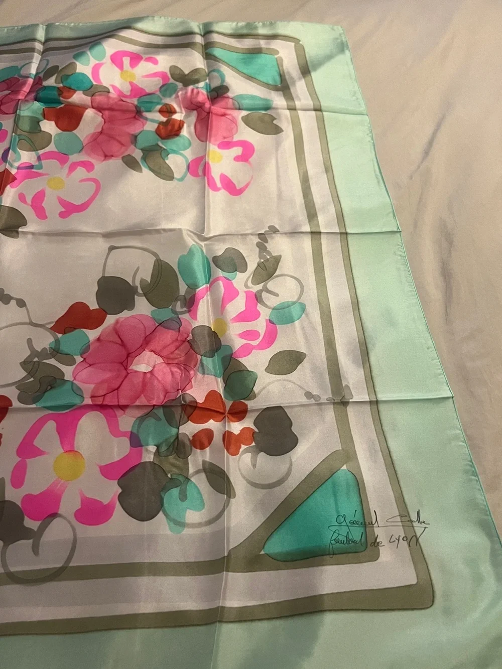 Vintage hand painted silk scarf from Lyon France- floral watercolor signed